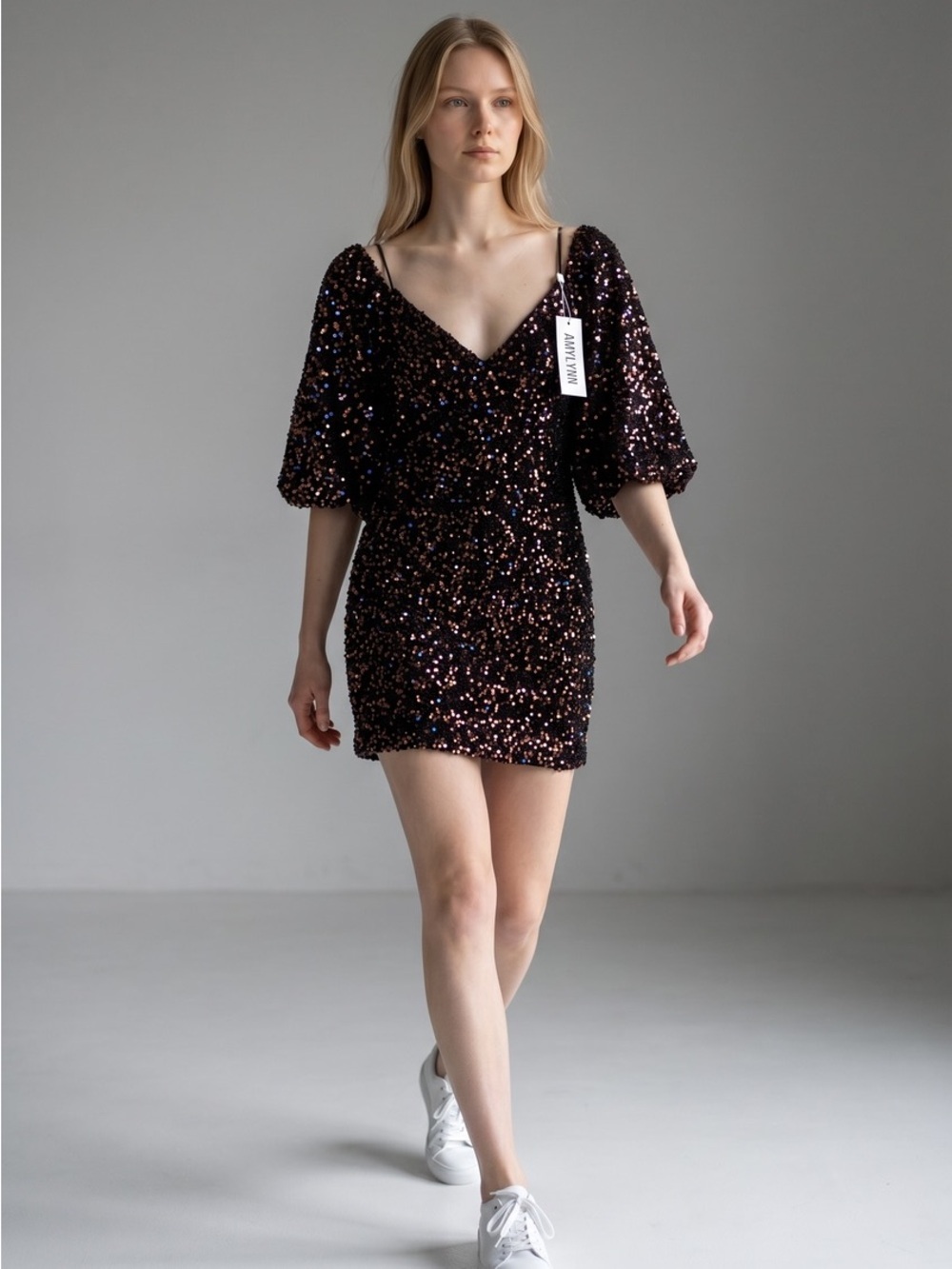 AMYLYNN Black Sequin Puff-Sleeve Mini Dress by